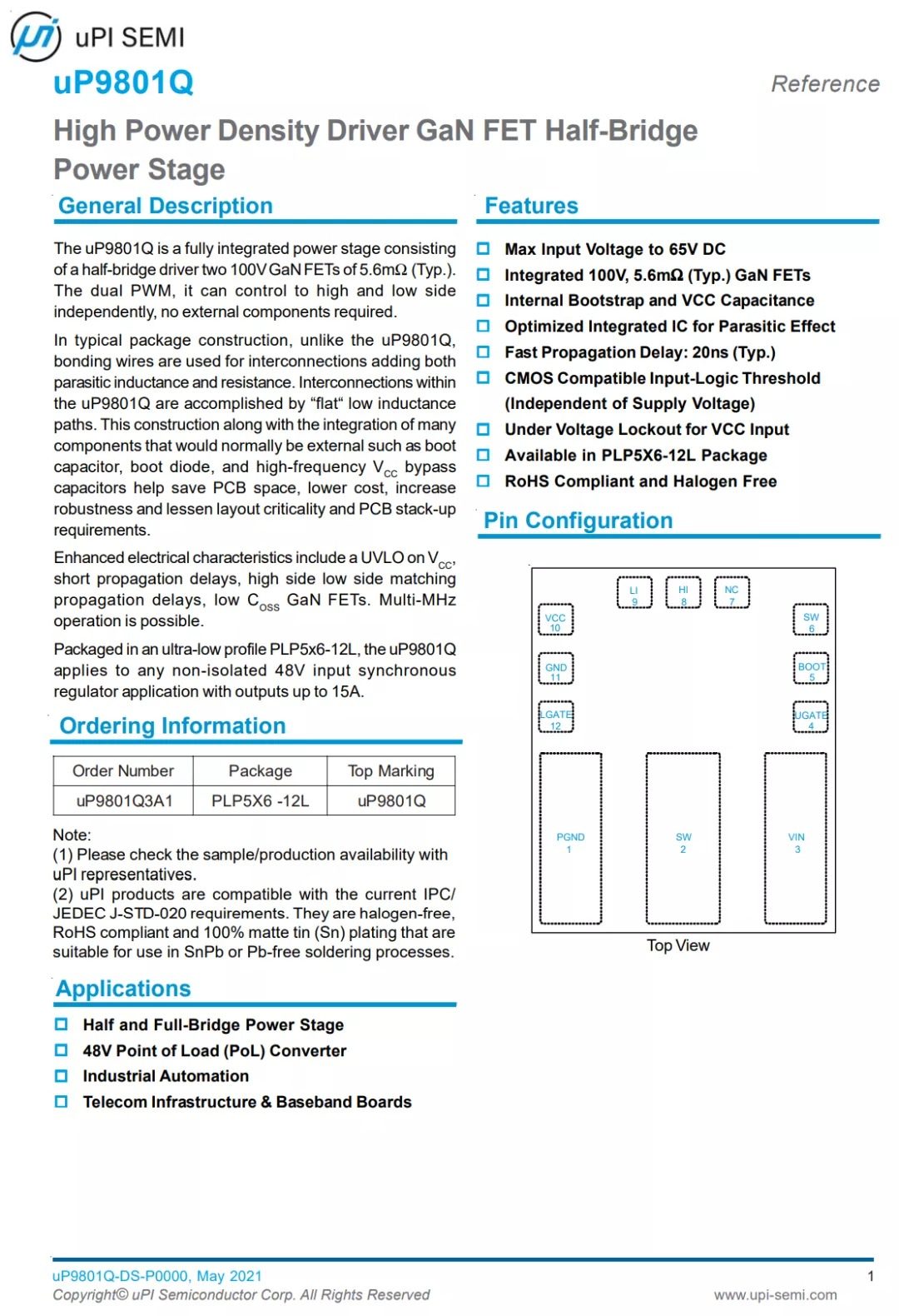 力智半导体推出uP9801Q半桥氮化镓DrMOS，支持USB PD3.1应用-充电头网