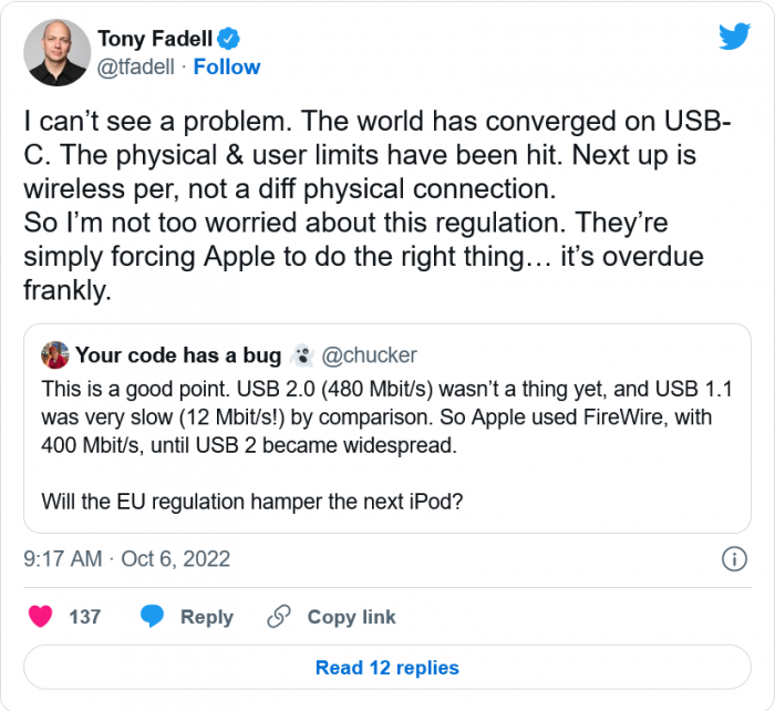 iPad发明者托尼·法德尔称希望看到iPhone转为USB-C接口-充电头网